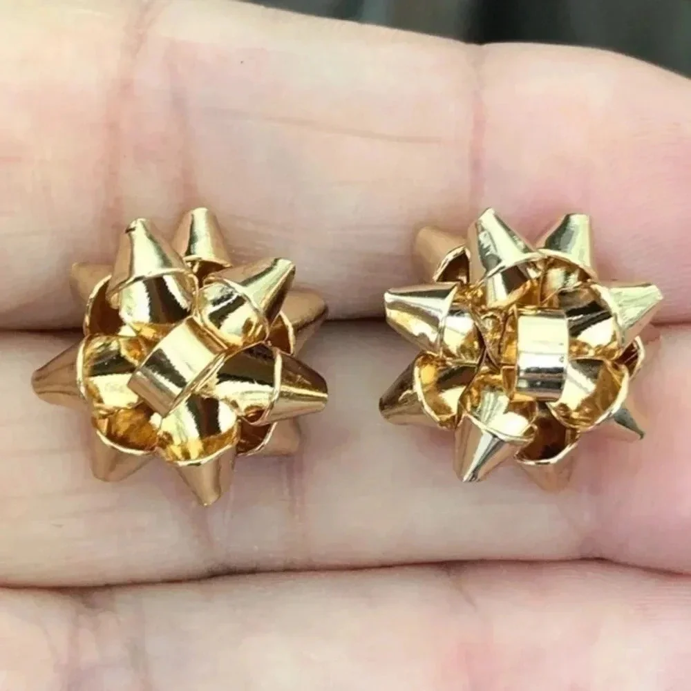 Gold Metal Bow Present Holiday Christmas Gift Stud Earrings NWT